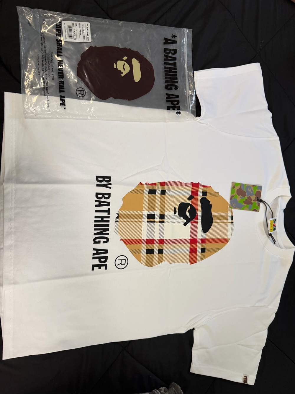 Bape White Tee with Plaid Ape Head Graphic